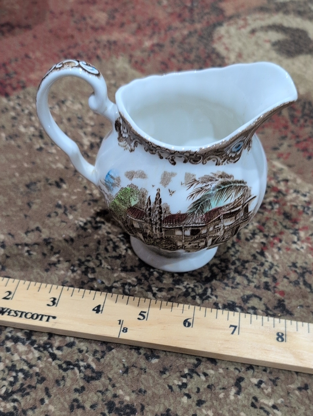 White Porcelain Creamer Pitcher w/Scenic Transfer and Gold Trim Made In England